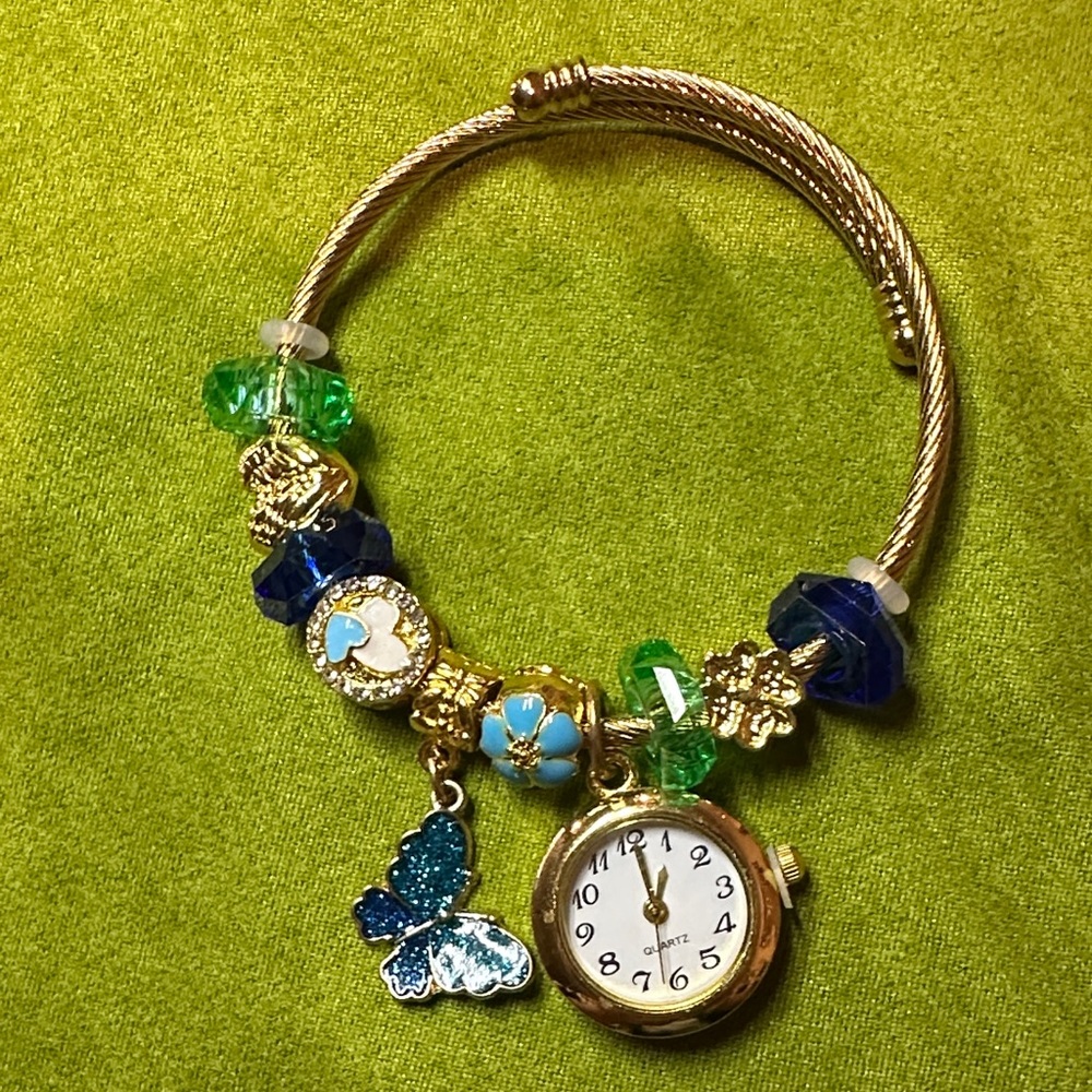 Gold plated and Green Charm Bracelet Watch code #006